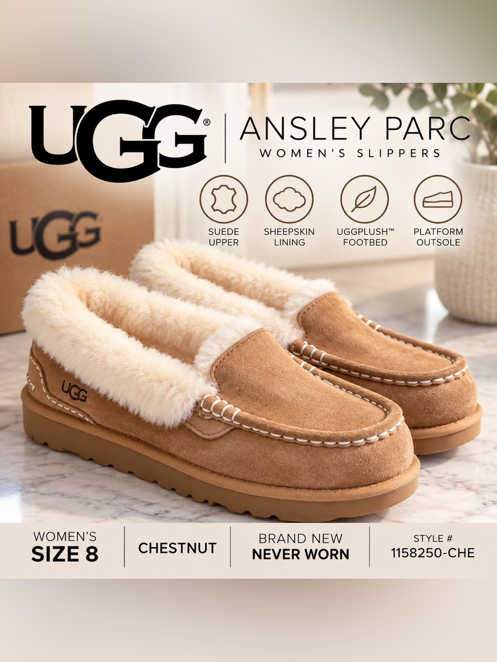 UGG Ansley Parc Chestnut Suede Platform Slippers Women’s 8 New, Never Worn